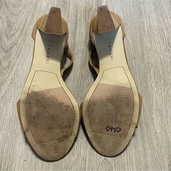 Women's Tahari Norma Tan Suede Heels with Gold Ring - Picture 5 of 9